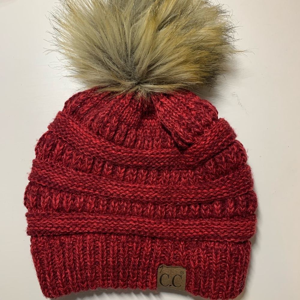 CC Red Knit Beanie With Pom Pom